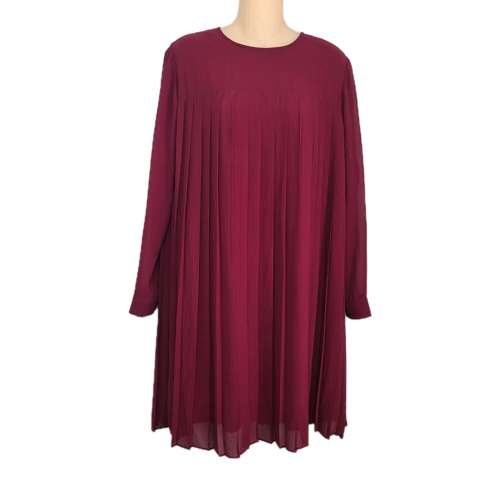 Rachel Parcell Pleated Chiffon Swing Dress Long Sleeve Burgundy‎ Knee Length M